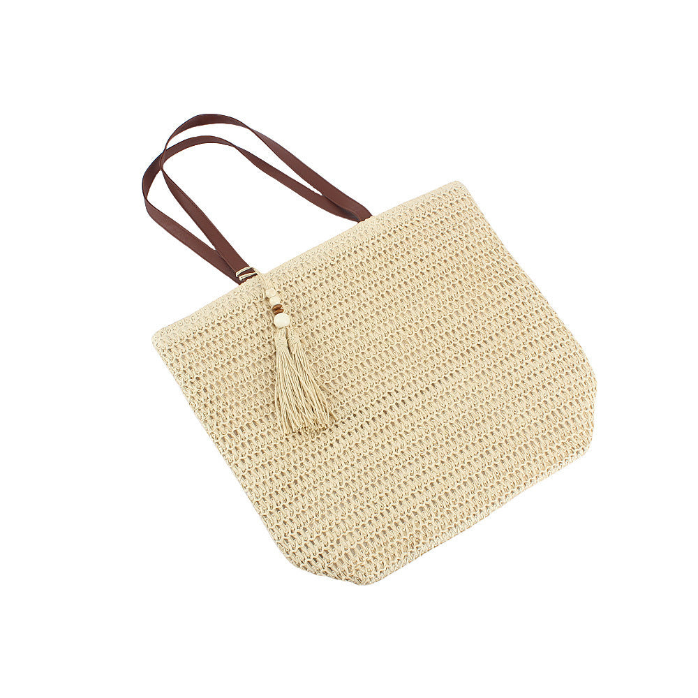 Spacious Shoulder Bag Made of Braided Natural Material with Decorative Tassel Kalsten