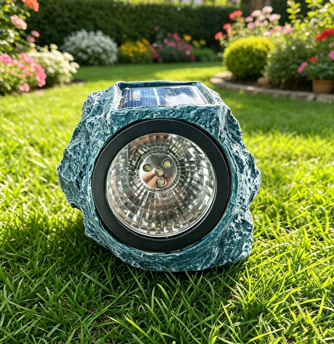 Solar-Powered LED Faux-Rock Garden Spotlight With Integrated Solar Panel And Weatherproof Textured Resin Housing Kalsten