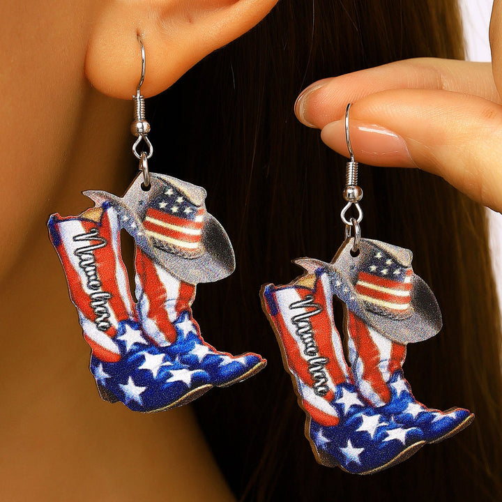 Women's nan patriotic novelty dangle hook earrings with laser-printed wooden fireworks charm Kalsten