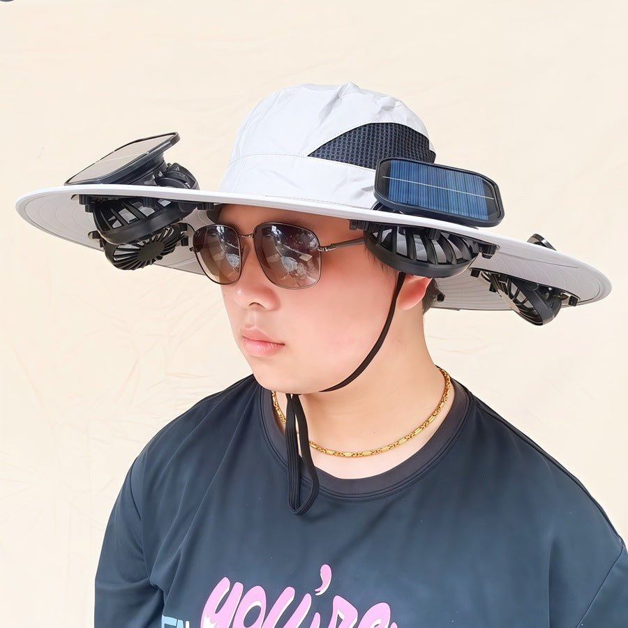 Wide-brimmed sun hat with detachable swivel solar fans and adjustable chin strap Kalsten