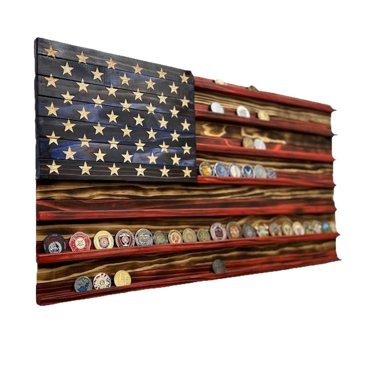 Unisex nan wall showcase for challenge coins in flag design made of rustic solid wood Kalsten