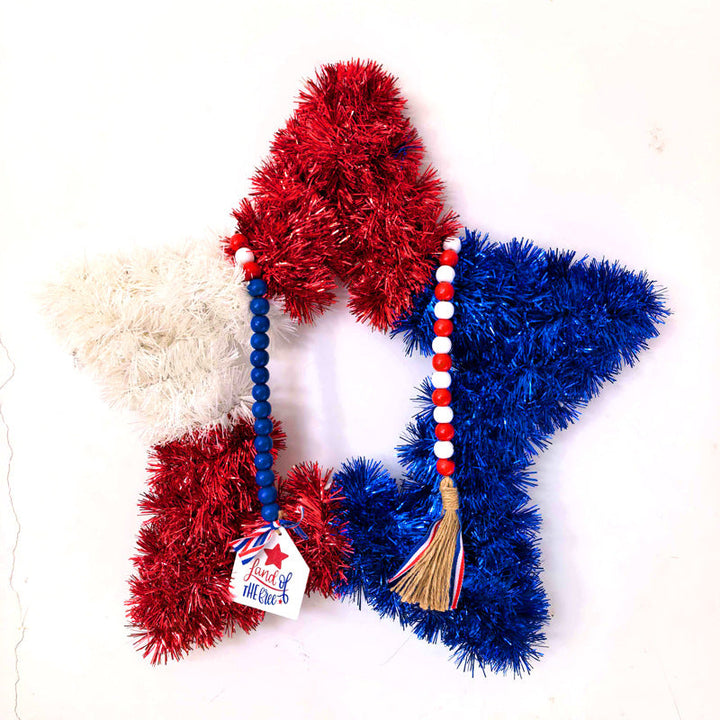 Unisex nan patriotic star door wreath made of artificial tinsel with wooden bead tassel and hanging pendant Kalsten