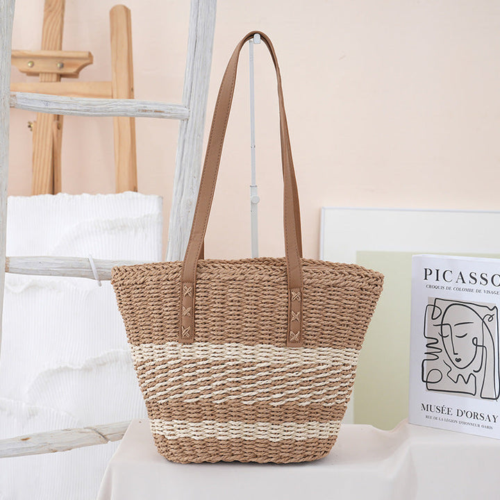 Handwoven beach bag with leather handles Kalsten