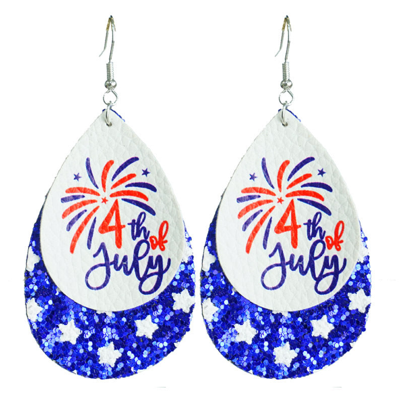 Women's patriotic drop earrings made of faux leather with glitter stars and the inscription Kalsten