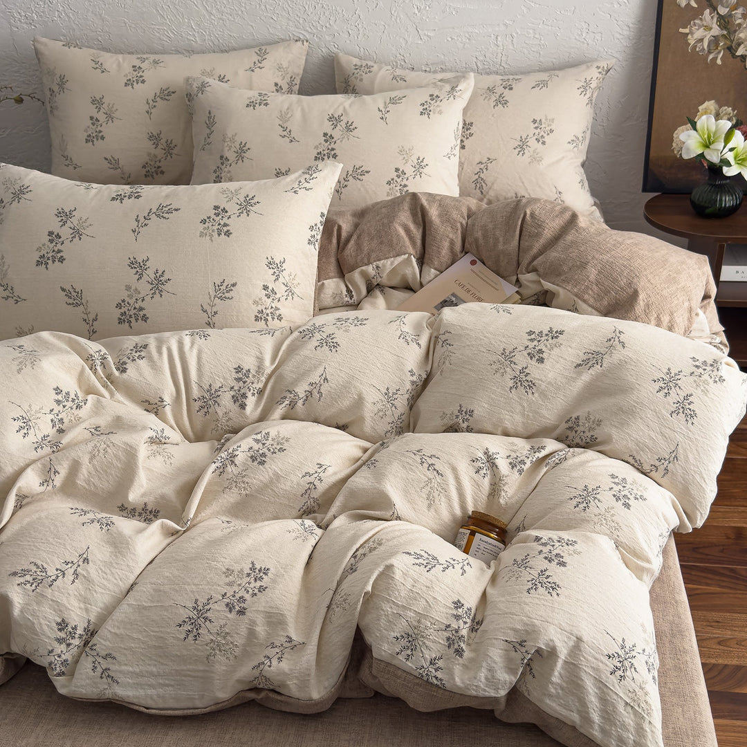 Floral Butterfly Duvet Cover Set With Brushed Cotton‑Blend Linen Texture And Corner Tie Pillowcase Ensemble