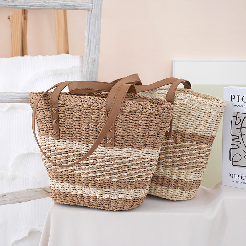 Handwoven beach bag with leather handles Kalsten