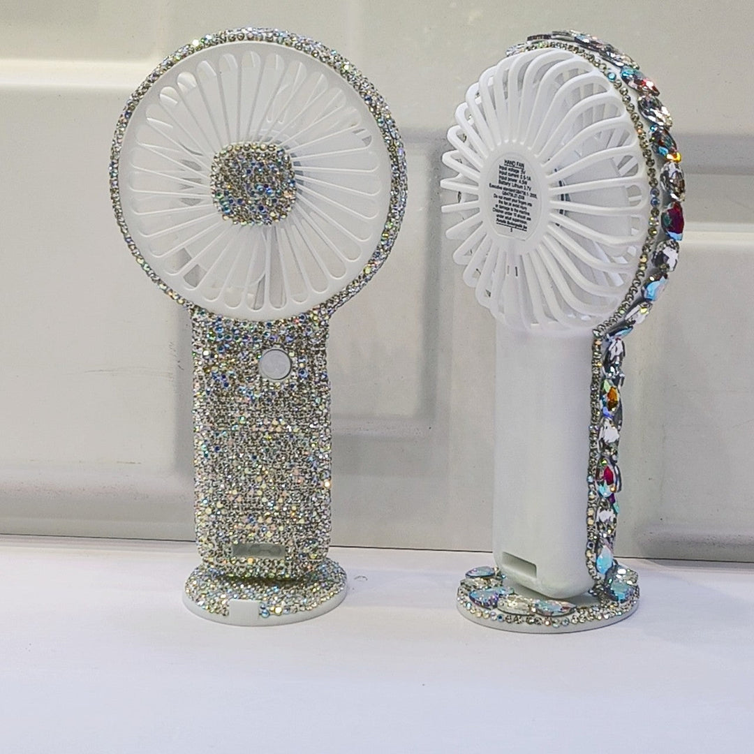 Women's portable hand fan rechargeable with rhinestone accents and cat emblem Kalsten