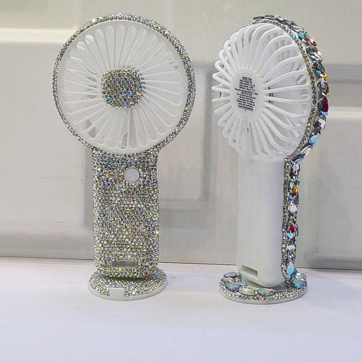 Women's portable hand fan rechargeable with rhinestone accents and cat emblem Kalsten