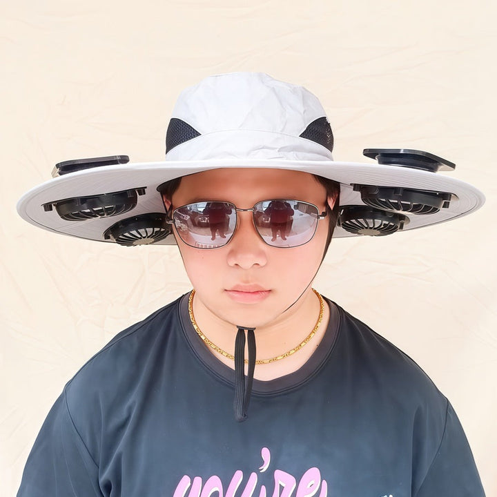 Wide-brimmed sun hat with detachable swivel solar fans and adjustable chin strap Kalsten