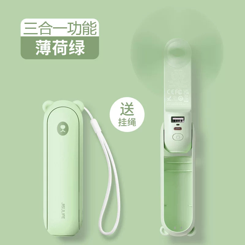 Unisex One Size Foldable Rechargeable Triple Handheld Mini Fan with Integrated Power Bank USB-C and USB-A Ports and Wrist Strap Kalsten