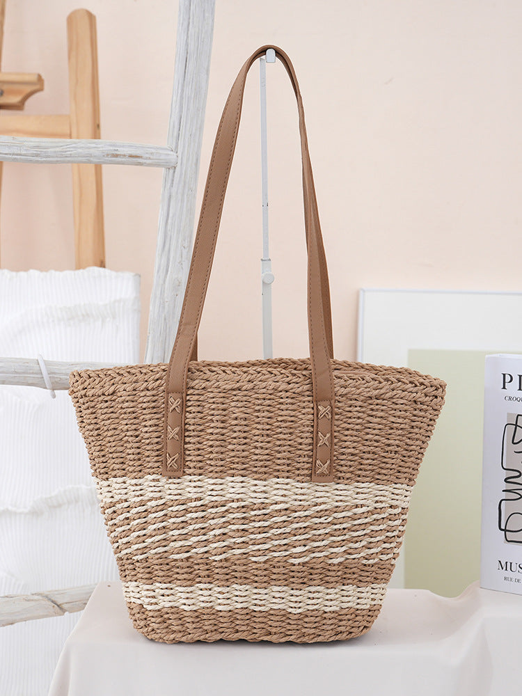 Handwoven beach bag with leather handles Kalsten