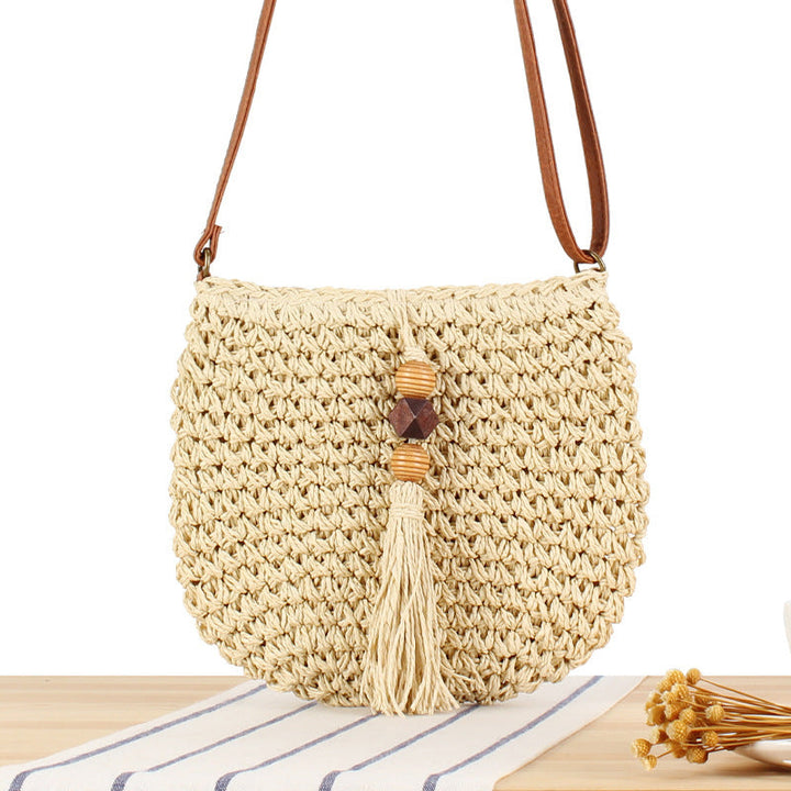 Braided shoulder bag with tassels and wooden decorations Kalsten