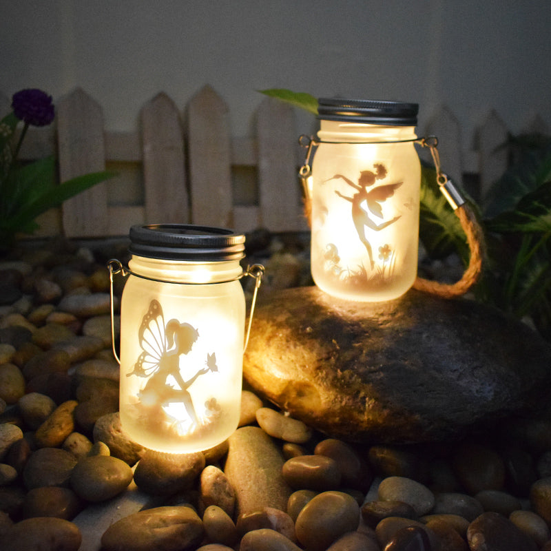 Hanging Frosted Mason Jar Solar LED Fairy Silhouette Lantern With Rope Handle And Dynamic LED String Kalsten