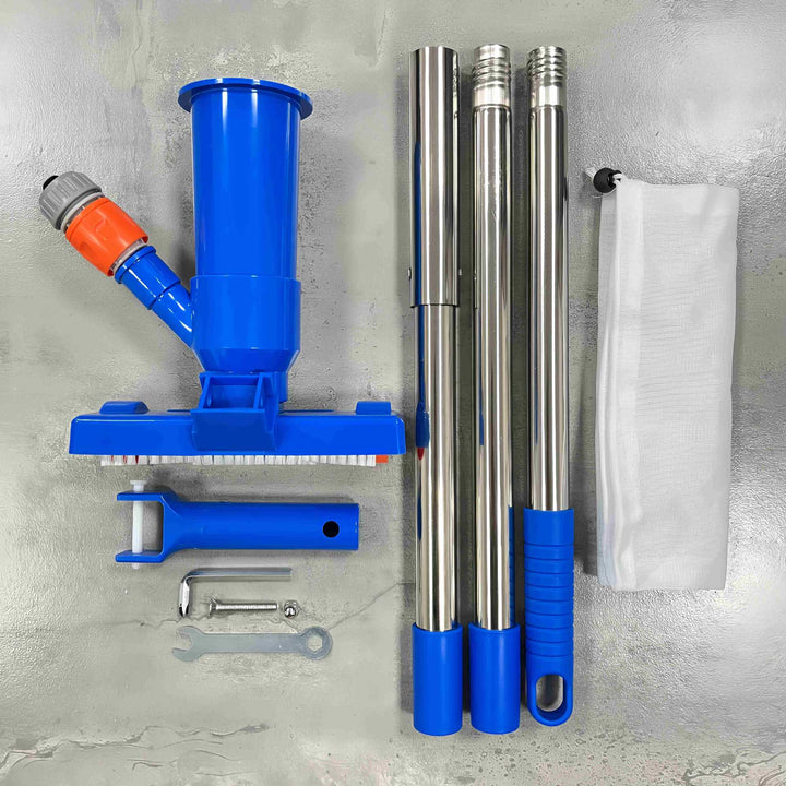 Telescopic stainless steel pool vacuum kit with brush head and fine mesh leaf bag Kalsten