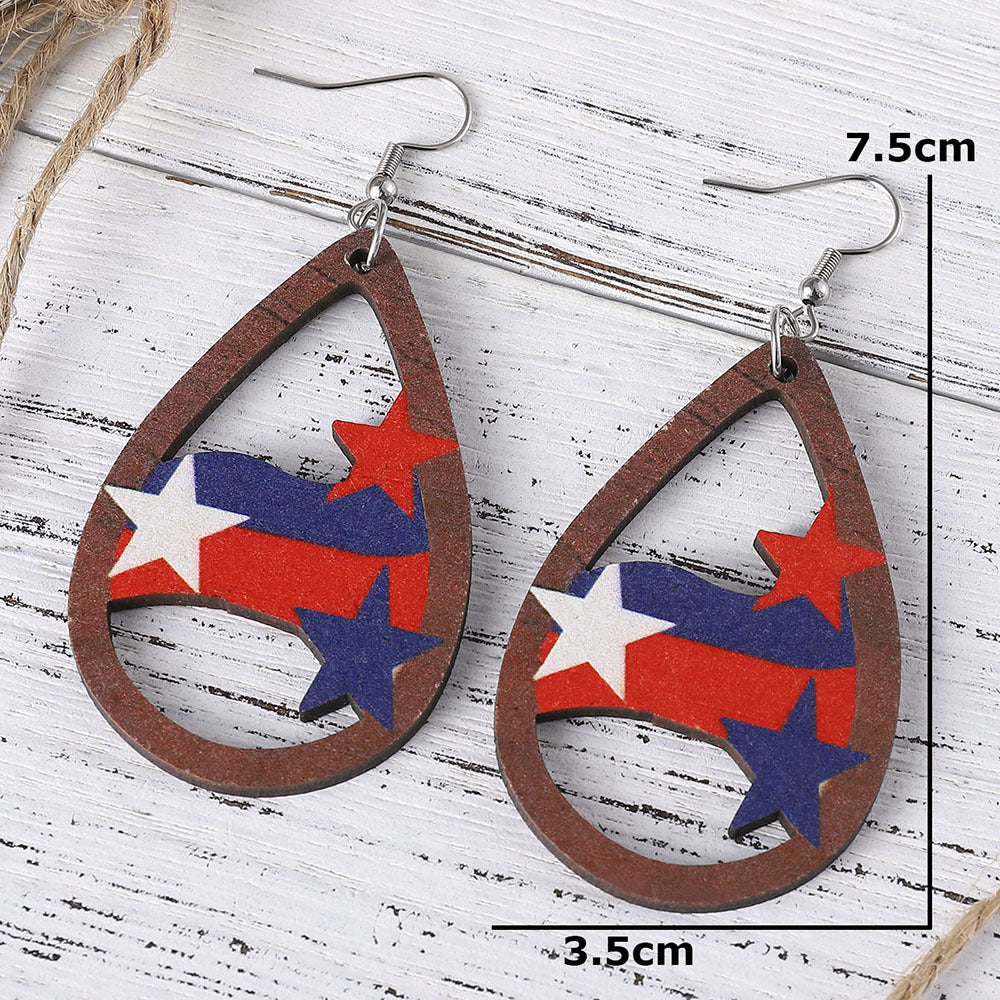 Women's nan patriotic teardrop wooden dangle earrings with star stripe cutout Kalsten