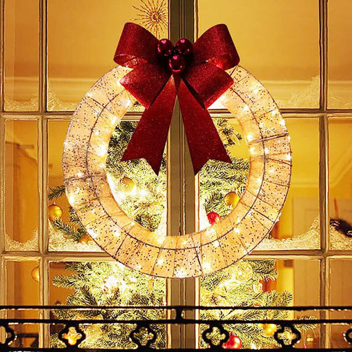 Christmas Garland 50CM Luminous LED Warm Light Metal Luminous Wreath With Big Bowknot Christmas Front Door Home Holiday Party Door Hanging Decor | Kalsten