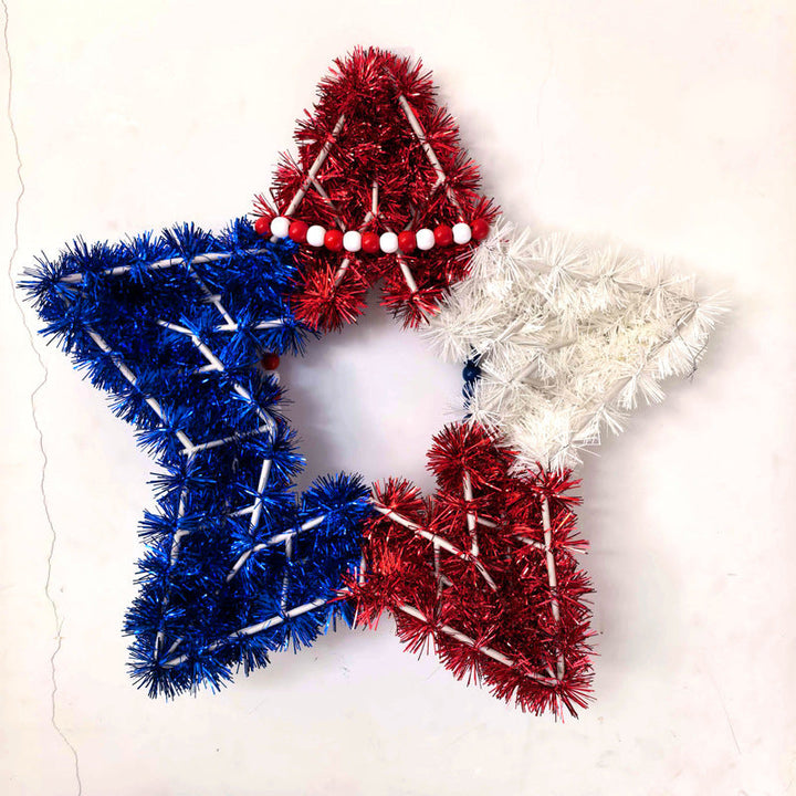 Unisex nan patriotic star door wreath made of artificial tinsel with wooden bead tassel and hanging pendant Kalsten