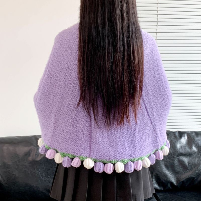 Poncho with Colorful Pom Pom Trim Kalsten