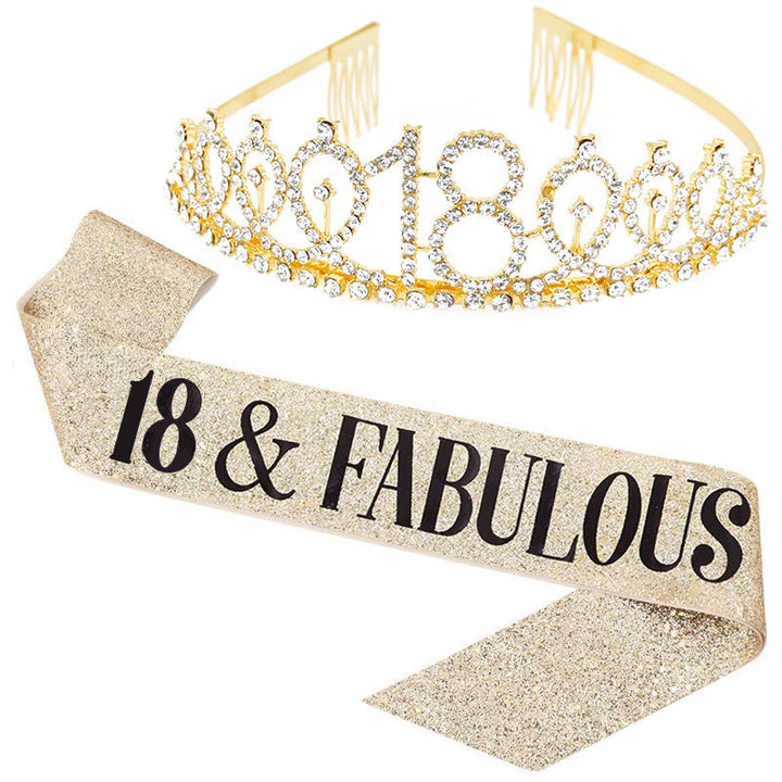 Girl Glittering Birthday Crown and Sash Set Kalsten