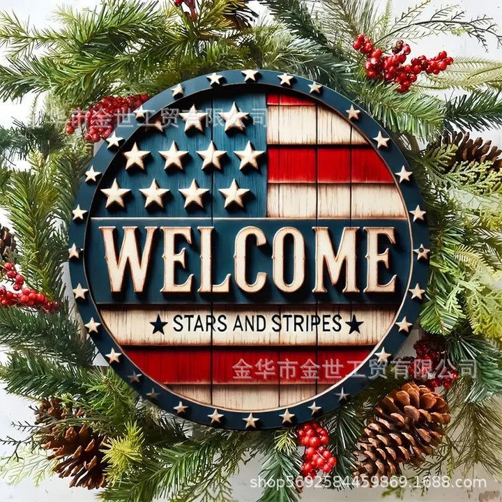 Independence Day rustic round wooden patriotic cross wall plaque with floral accents and God Bless America banner Kalsten