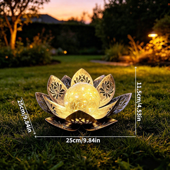 Decorative Solar Lotus LED Garden Lantern With Crackle Glass Globe And Laser-Cut Metal Petals Kalsten
