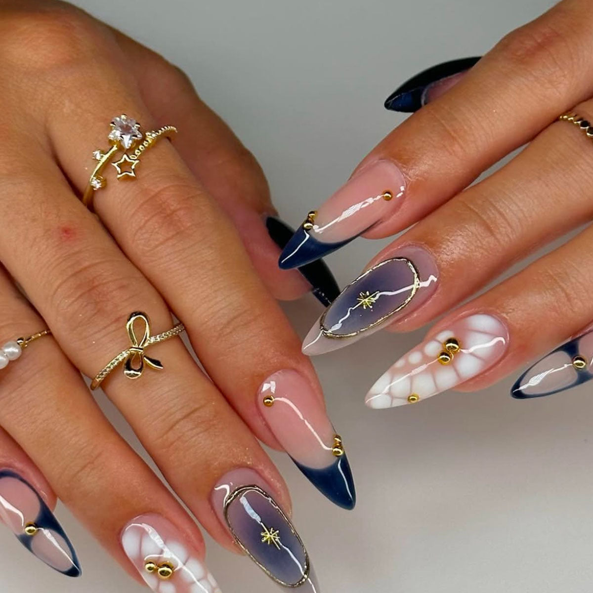 Premium Artistic Stiletto Press-On Nails with Gold Accents Acalora