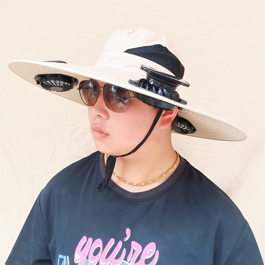 Wide-brimmed sun hat with detachable swivel solar fans and adjustable chin strap Kalsten