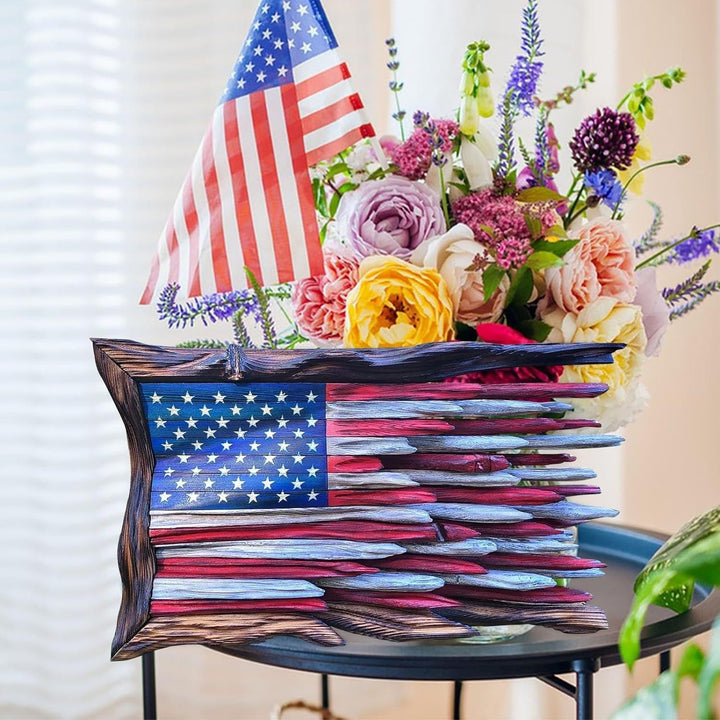 Unisex nan reclaimed wooden American flag wall sculpture with layered driftwood planks and rustic charred frame Kalsten