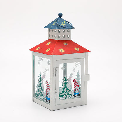 Decorative Holiday Tea Light Lantern with Glass Pane Gnome & Pine Motif Acalora