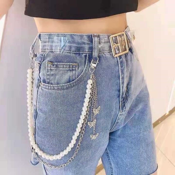 Fashionable belt with pearl and chain pendants Kalsten