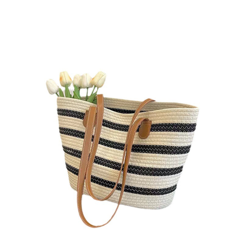 Elegant Tote Bag Made of Woven Bast Material with Robust Leather Accents Kalsten