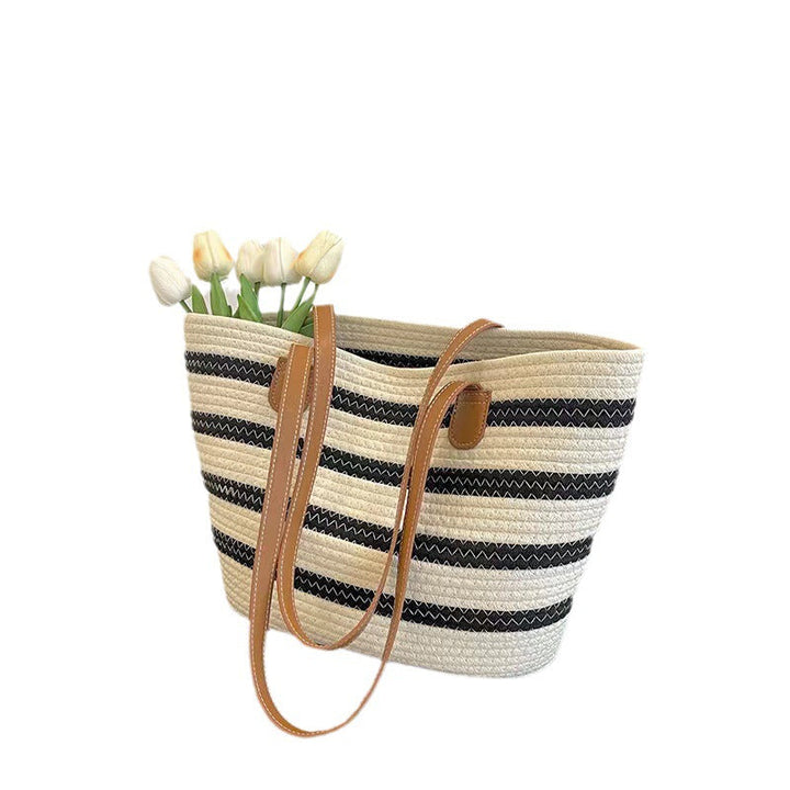 Elegant Tote Bag Made of Woven Bast Material with Robust Leather Accents Kalsten