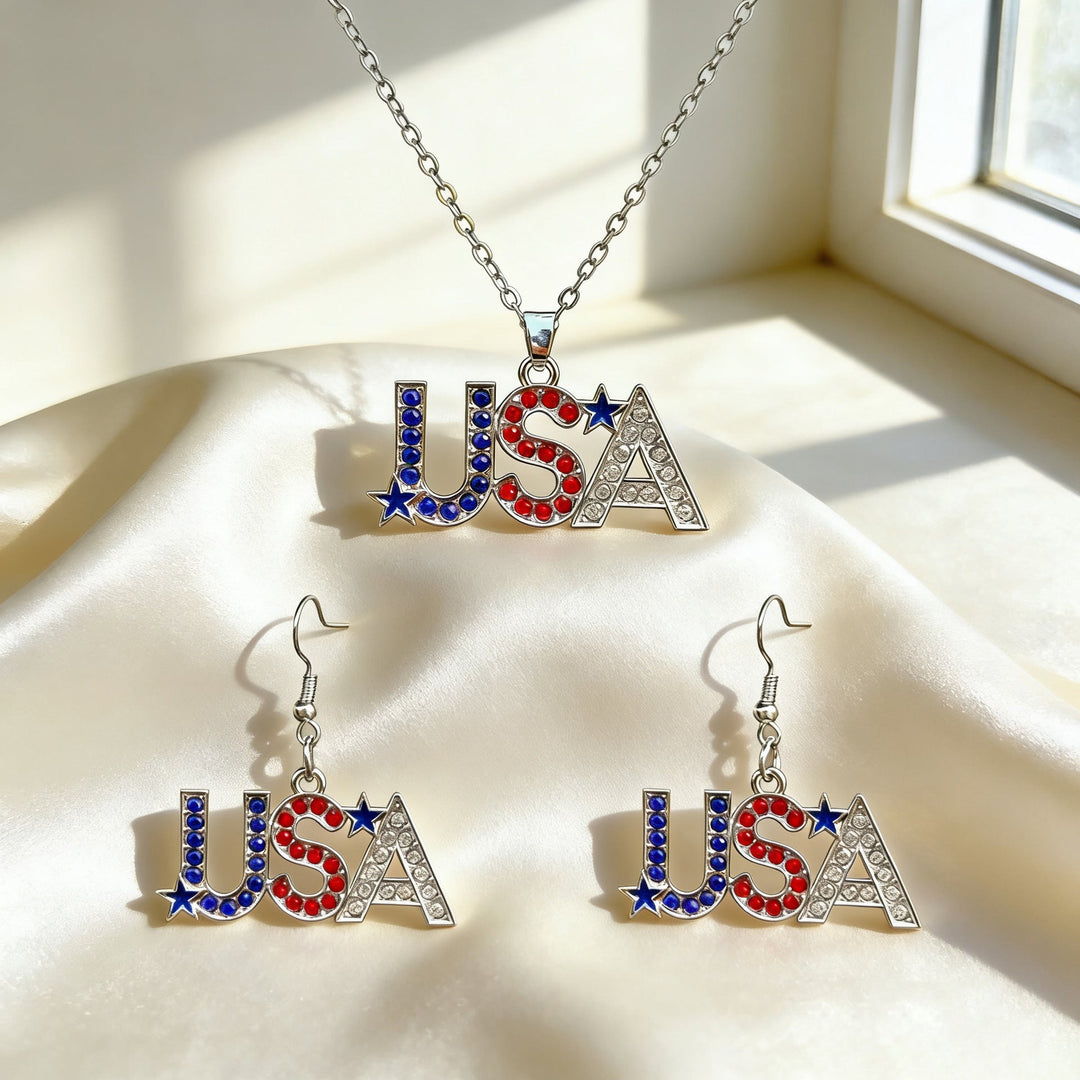 Women's patriotic jewelry set flip-flop pendant necklace and earrings with enamel and crystal embellishment Kalsten