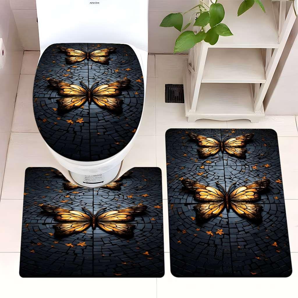 Decorative Rock and Butterfly Bathroom Mat Set Kalsten