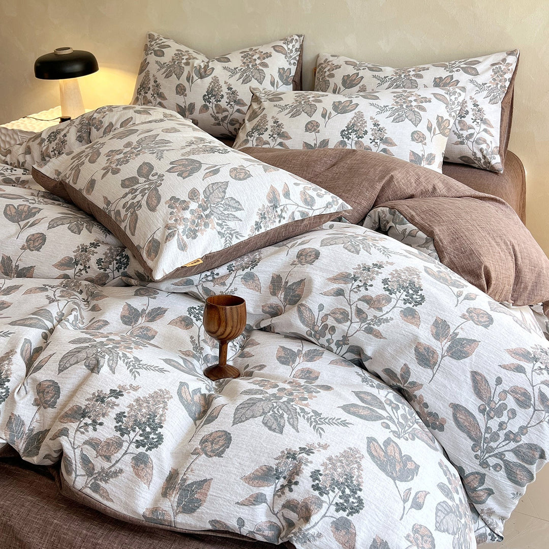 Floral Butterfly Duvet Cover Set With Brushed Cotton‑Blend Linen Texture And Corner Tie Pillowcase Ensemble
