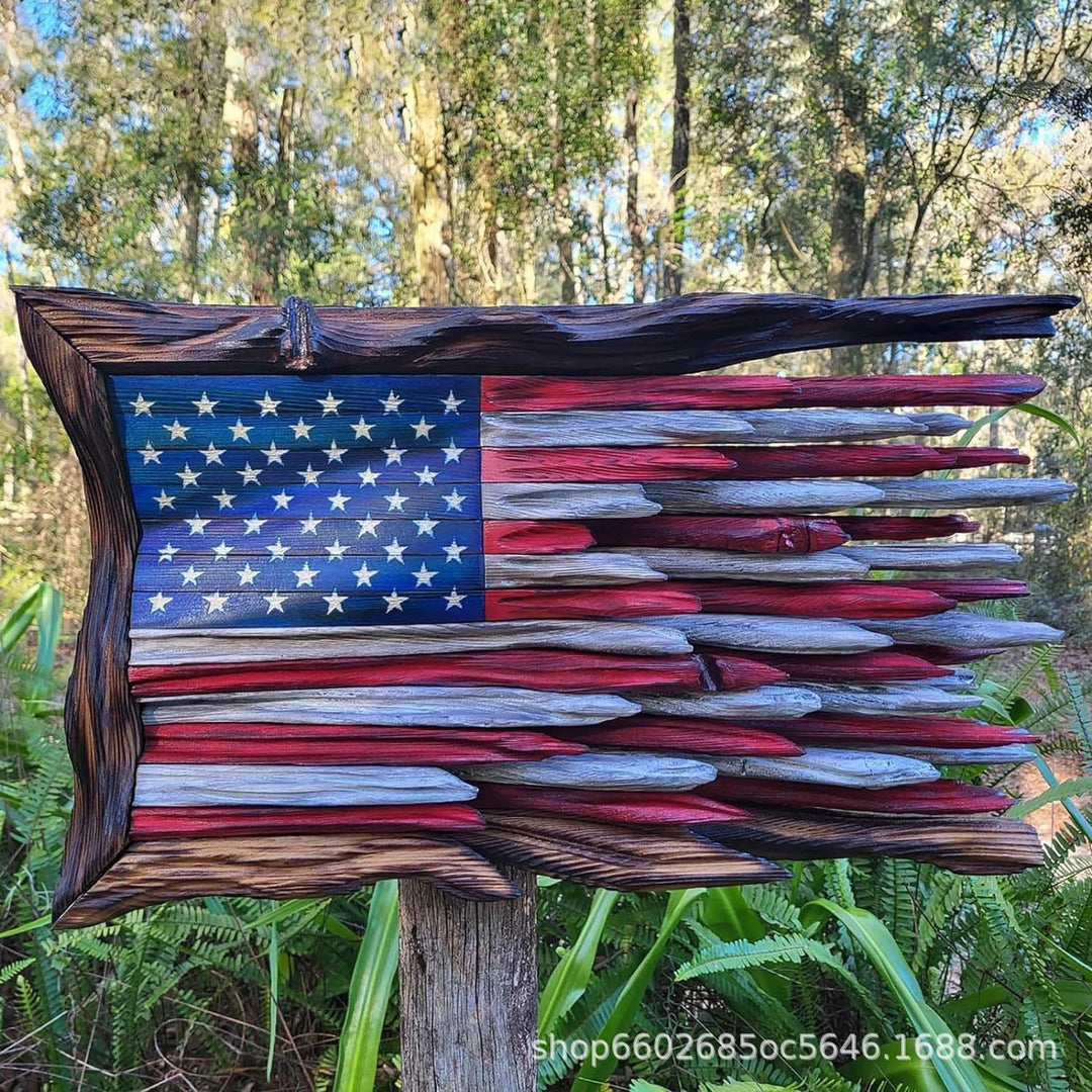 Unisex nan reclaimed wooden American flag wall sculpture with layered driftwood planks and rustic charred frame Kalsten