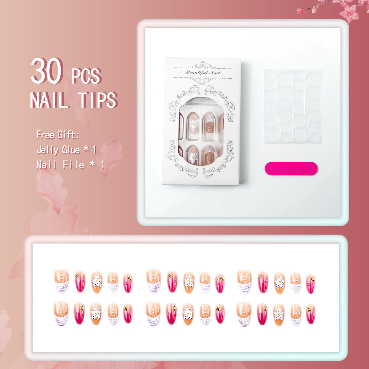 Artificial nails with floral design and glamorous accents Acalora