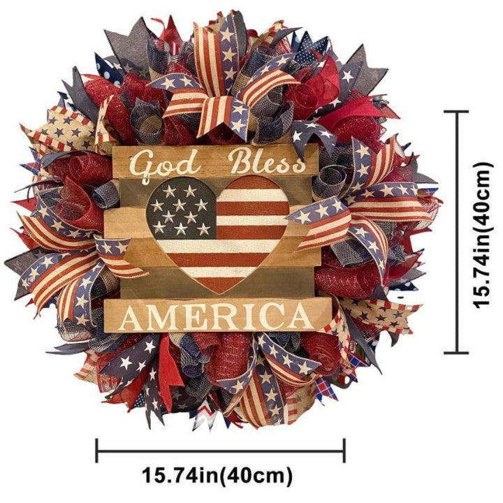 Unisex nan handcrafted Americana medallion wreath with layered deco mesh ribbons star motif bows and rustic sign Kalsten