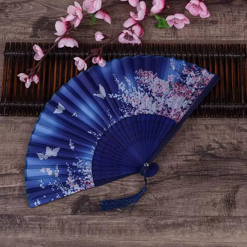 Women's one size elegant silk folding fan with floral butterfly motif and tassel Kalsten