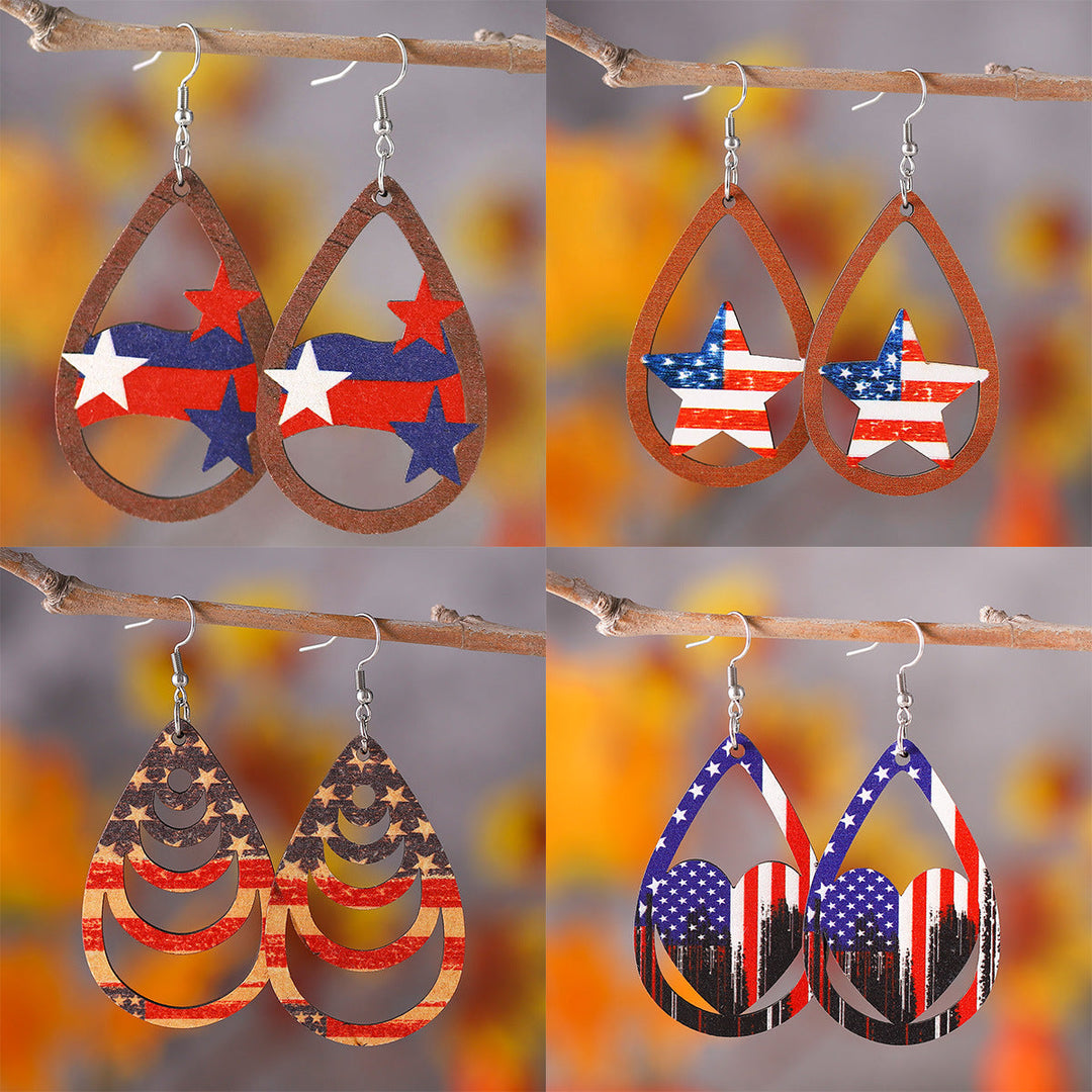 Women's nan patriotic teardrop wooden dangle earrings with star stripe cutout Kalsten