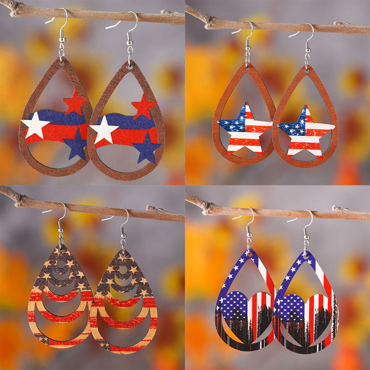 Ladies' nan teardrop-shaped wooden earrings with multi-layer star and stripe appliqué and nickel-free ear hooks Kalsten
