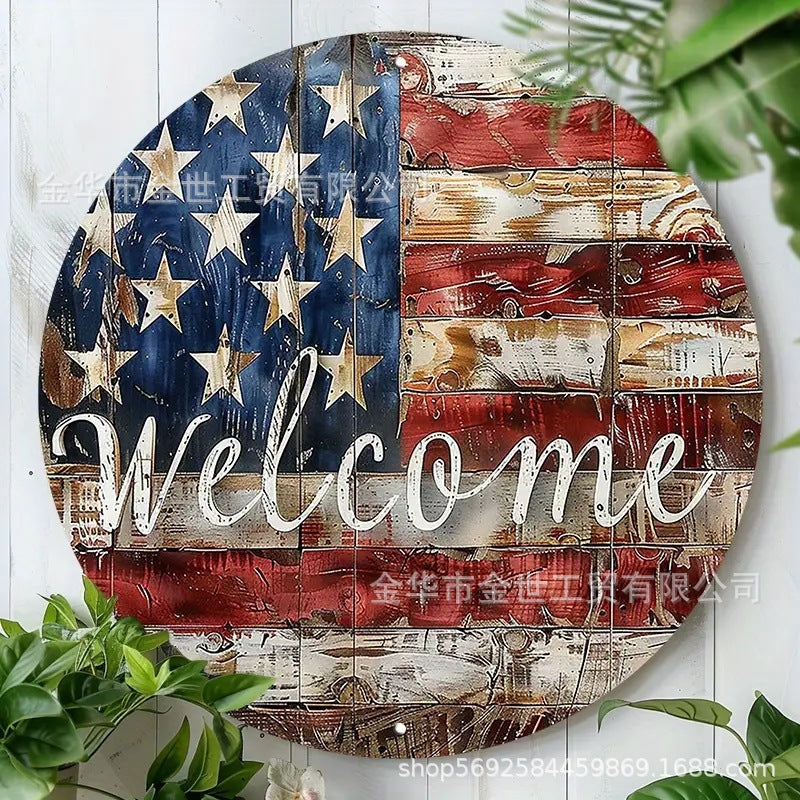 Independence Day rustic round wooden patriotic cross wall plaque with floral accents and God Bless America banner Kalsten