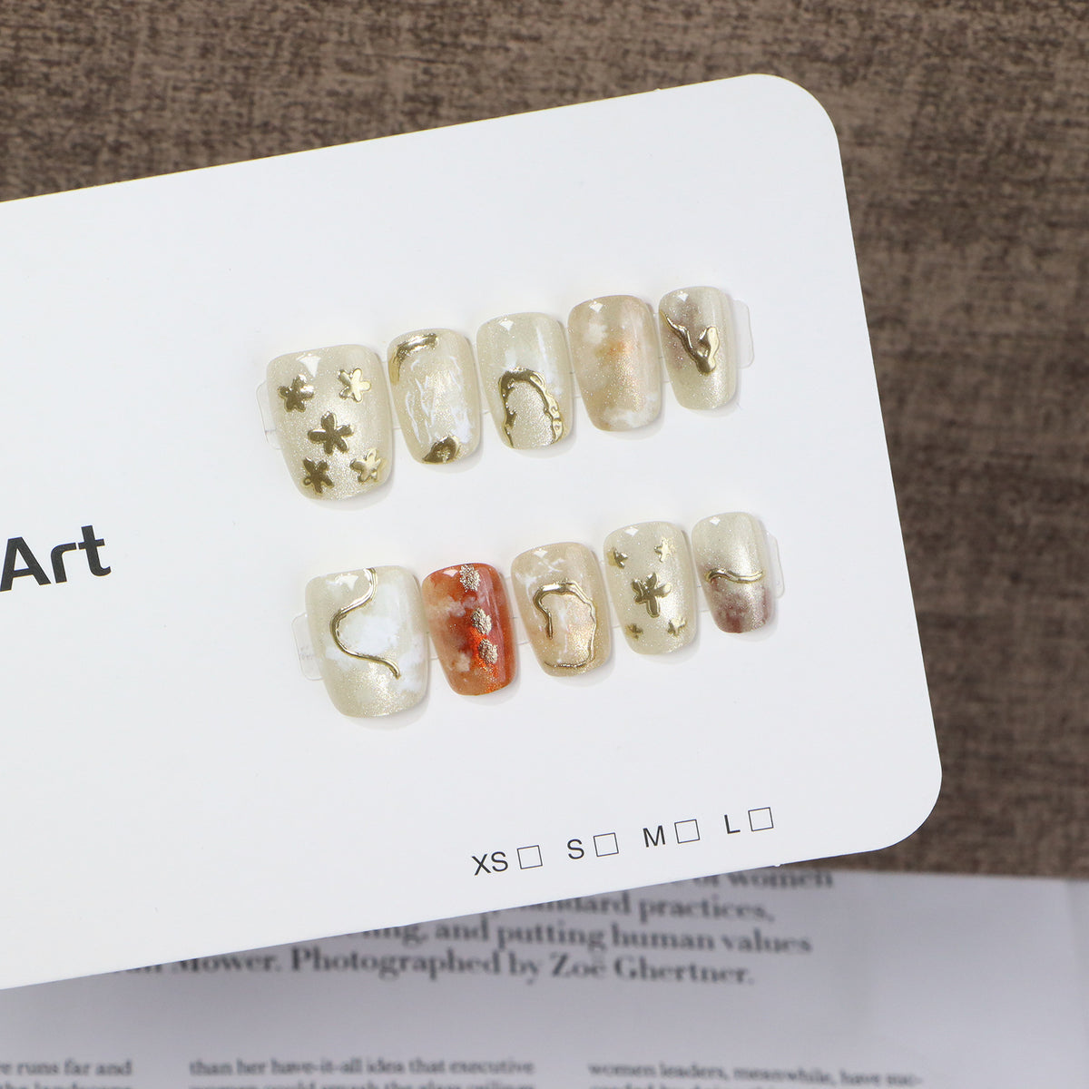 Elegant Press-On Nail Art Set with Unique Metallic Designs Acalora
