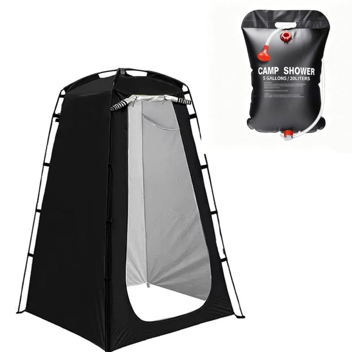 Portable camping shower privacy tent with five gallon solar shower bag and pop up foldable pole system Kalsten