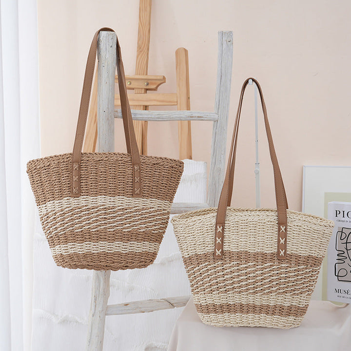 Handwoven beach bag with leather handles Kalsten