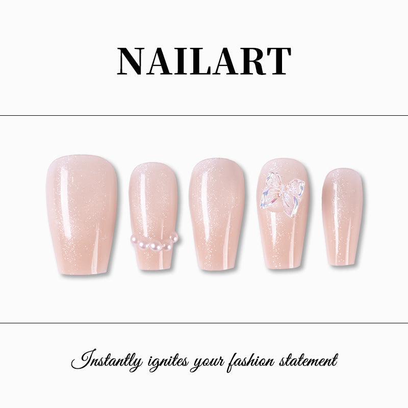 Artificial nails with elegant butterfly accents and glittering coating Kalsten