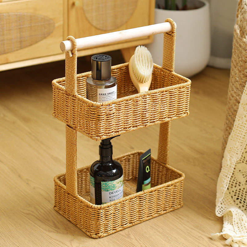 Unisex Two-Tier Storage Basket with Wooden Handle Kalsten