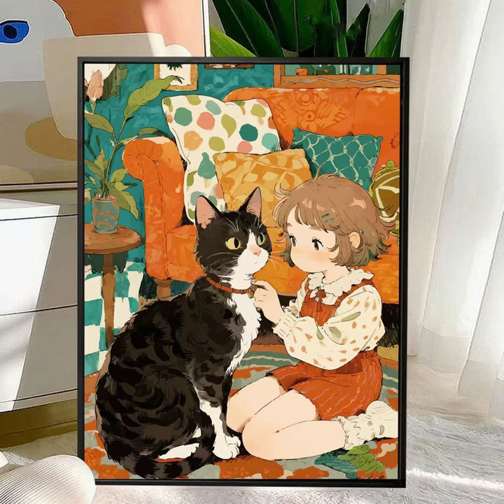 Cute Cat and Child Illustration Wall Art Kalsten