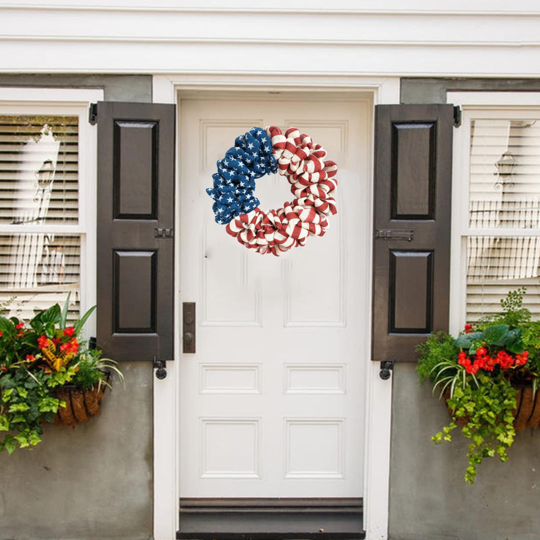 Unisex nan patriotic burlap wreath with ruffled looped design and stars and stripes motif for front door Kalsten