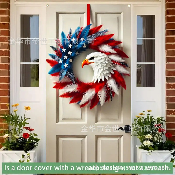 Independence Day rustic round wooden patriotic cross wall plaque with floral accents and God Bless America banner Kalsten